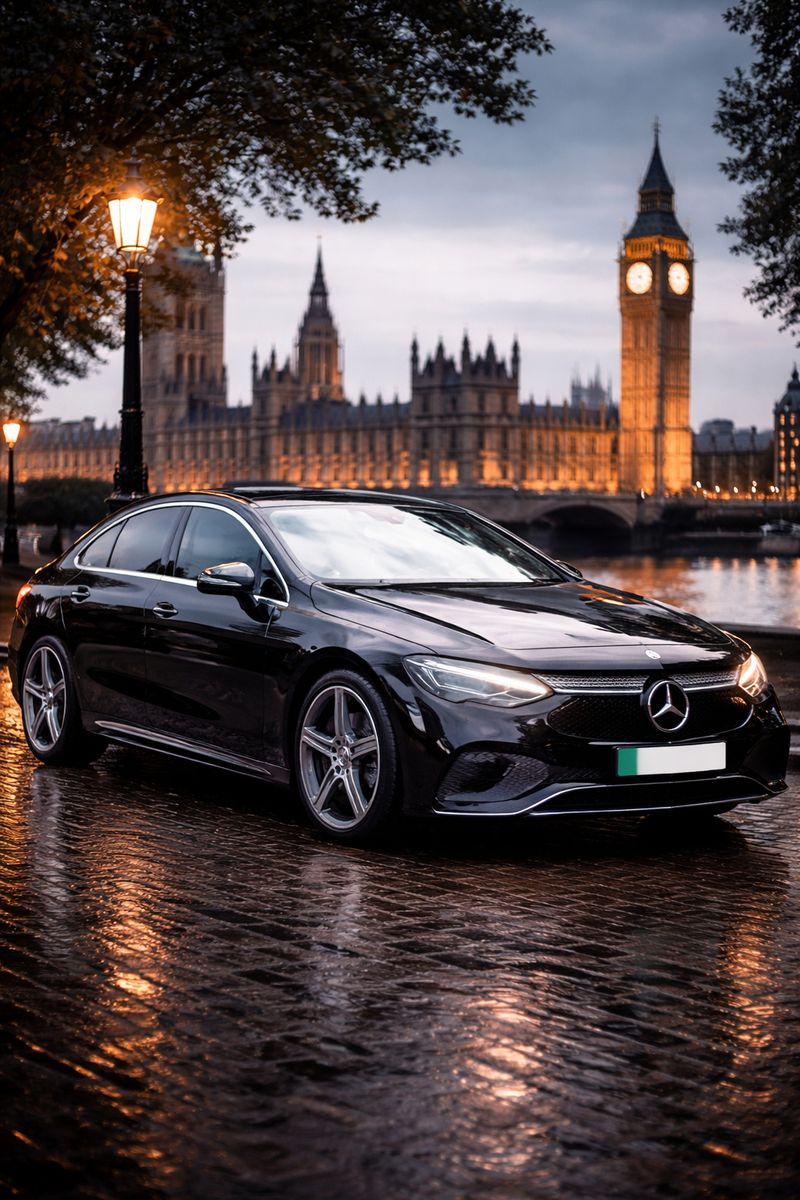Crest Chauffeurs London — electric Mercedes-Benz EQE chauffeur car outside the Houses of Parliament, Westminster, London